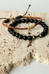 Men's Dumbbell And Leather Bracelet Set