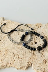 Men's Silver Chain And Lava Rock Bead Bracelet Set