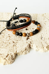 Men's Faux Leather And Beaded Bracelet Set