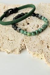 Men's Green Stone And Leather Bracelet Set