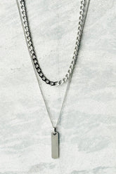 Men's Layered Curb Chain And Bar Pendant Necklace