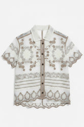 Embroidered Button-Down Crop Shirt