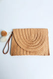 Woven Straw Clutch With Pom Poms